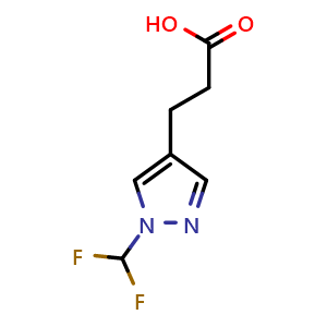 Chemical structure of 3-[1-(difluoromethyl)-1H-pyrazol-4-yl]propanoic acid , CAS 2098084-39-8, AChemBlock AD246781