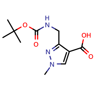 Chemical structure of 3-({[(tert-butoxy)carbonyl]amino}methyl)-1-methyl-1H-pyrazole-4-carboxylic acid , CAS 2091061-17-3, AChemBlock AD246805