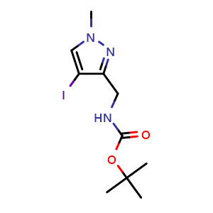 Chemical structure of tert-butyl N-[(4-iodo-1-methyl-1H-pyrazol-3-yl)methyl]carbamate , CAS 2411217-21-3, AChemBlock AD246806
