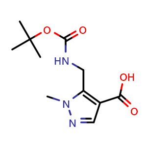 Chemical structure of 5-({[(tert-butoxy)carbonyl]amino}methyl)-1-methyl-1H-pyrazole-4-carboxylic acid , CAS 2248413-98-9, AChemBlock AD246807