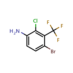 Chemical structure of 4-bromo-2-chloro-3-(trifluoromethyl)aniline , CAS 1807018-36-5, AChemBlock AD246935