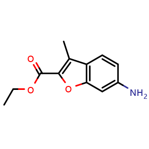 Chemical structure of ethyl 6-amino-3-methyl-1-benzofuran-2-carboxylate , CAS 897614-72-1, AChemBlock AD246975