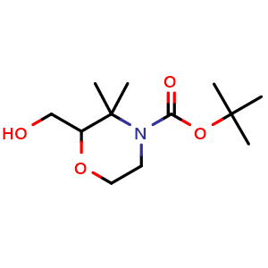 Chemical structure of tert-butyl 2-(hydroxymethyl)-3,3-dimethylmorpholine-4-carboxylate , CAS 2091198-51-3, AChemBlock AD246977