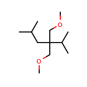 Chemical structure of 1-methoxy-2-(methoxymethyl)-4-methyl-2-(propan-2-yl)pentane , CAS 129228-21-3, AChemBlock AD246999