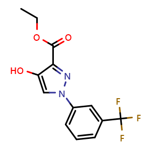 Chemical structure of ethyl 4-hydroxy-1-(3-(trifluoromethyl)phenyl)-1H-pyrazole-3-carboxylate , CAS 379241-52-8, AChemBlock AD247011