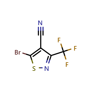 Chemical structure of 5-bromo-3-(trifluoromethyl)-1,2-thiazole-4-carbonitrile , CAS 1628451-85-3, AChemBlock AD247052