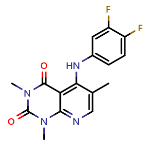 Chemical structure of 5-((3,4-Difluorophenyl)amino)-1,3,6-trimethylpyrido[2,3-d]pyrimidine-2,4(1H,3H)-dione , CAS 946202-93-3, AChemBlock AD247082