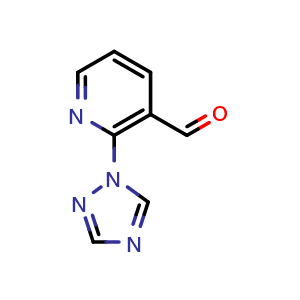 Chemical structure of 2-(1H-1,2,4-triazol-1-yl)nicotinaldehyde , CAS 1374649-96-3, AChemBlock AD247097
