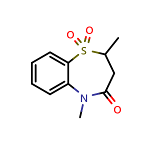 Chemical structure of 2,5-dimethyl-2,3,4,5-tetrahydro-1lambda6,5-benzothiazepine-1,1,4-trione , CAS 145603-19-6, AChemBlock AD247107