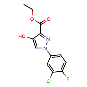 Chemical structure of ethyl 1-(3-chloro-4-fluorophenyl)-4-hydroxy-1H-pyrazole-3-carboxylate , CAS 379241-53-9, AChemBlock AD247112