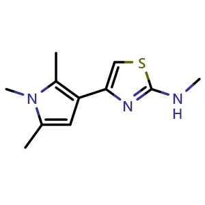 Chemical structure of N-methyl-4-(1,2,5-trimethyl-1H-pyrrol-3-yl)-1,3-thiazol-2-amine , CAS 930447-23-7, AChemBlock AD247119