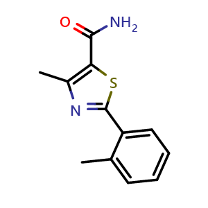 Chemical structure of 4-methyl-2-(2-methylphenyl)-1,3-thiazole-5-carboxamide , CAS 1448038-30-9, AChemBlock AD247137