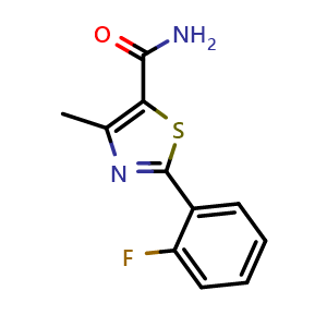 Chemical structure of 2-(2-fluorophenyl)-4-methyl-1,3-thiazole-5-carboxamide , CAS 1181638-58-3, AChemBlock AD247142