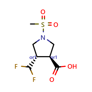 Chemical structure of rel-(3S,4S)-4-(difluoromethyl)-1-(methylsulfonyl)pyrrolidine-3-carboxylic acid , CAS 1867333-41-2, AChemBlock AD247200