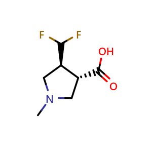 Chemical structure of (3S,4S)-4-(difluoromethyl)-1-methylpyrrolidine-3-carboxylic acid , CAS 3037659-98-3, AChemBlock AD247202
