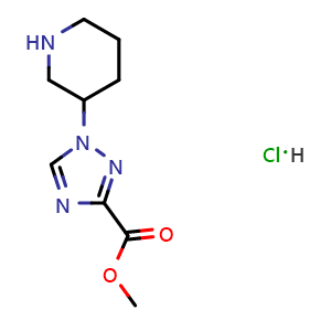 Chemical structure of methyl 1-(piperidin-3-yl)-1H-1,2,4-triazole-3-carboxylate hydrochloride , CAS 2770587-71-6, AChemBlock AD247204