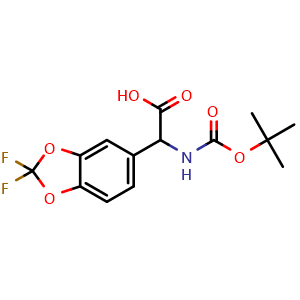 Chemical structure of 2-{[(tert-butoxy)carbonyl]amino}-2-(2,2-difluoro-2H-1,3-benzodioxol-5-yl)acetic acid , CAS 2701286-17-9, AChemBlock AD247214