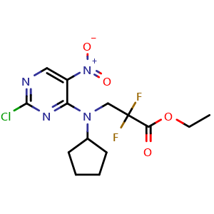 Chemical structure of Propanoic acid, 3-[(2-chloro-5-nitro-4-pyrimidinyl)cyclopentylamino]-2,2-difluoro-, ethyl ester , CAS 1062245-99-1, AChemBlock AD247368