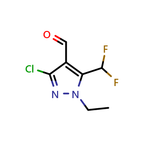 Chemical structure of 3-chloro-5-(difluoromethyl)-1-ethyl-pyrazole-4-carbaldehyde , CAS 2392024-60-9, AChemBlock AD247392