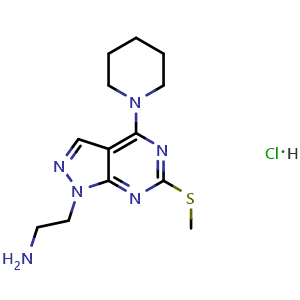 Chemical structure of 2-[6-(methylsulfanyl)-4-(piperidin-1-yl)-1H-pyrazolo[3,4-d]pyrimidin-1-yl]ethan-1-amine hydrochloride , CAS 3017182-81-6, AChemBlock AD247401