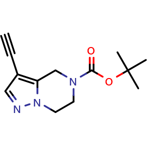 Chemical structure of tert-butyl 3-ethynyl-4H,5H,6H,7H-pyrazolo[1,5-a]pyrazine-5-carboxylate , CAS 2174007-60-2, AChemBlock AD247452