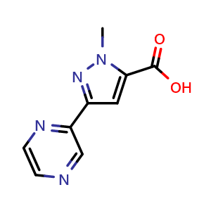 Chemical structure of 1-methyl-3-(pyrazin-2-yl)-1H-pyrazole-5-carboxylic acid , CAS 2091184-83-5, AChemBlock AD247477