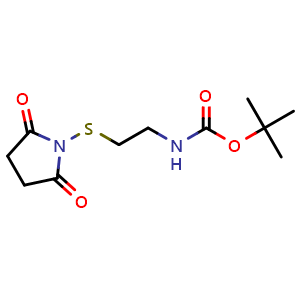 Chemical structure of 1-[[2-(Boc-amino)ethyl]thio]pyrrolidine-2,5-dione , CAS 2254173-93-6, AChemBlock AD247651