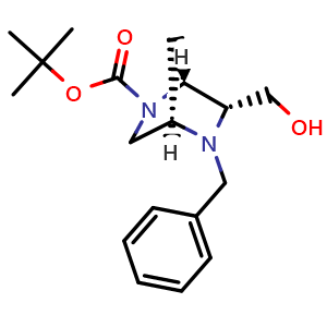 Chemical structure of tert-butyl (1R,4R,6R)-5-benzyl-6-(hydroxymethyl)-2,5-diazabicyclo[2.2.1]heptane-2-carboxylate , CAS 2836267-76-4, AChemBlock AD247658