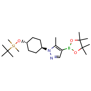 Chemical structure of trans-tert-butyl-dimethyl-[4-[5-methyl-4-(4,4,5,5-tetramethyl-1,3,2-dioxaborolan-2-yl)pyrazol-1-yl]cyclohexoxy]silane , CAS 1350324-24-1, AChemBlock AD247659