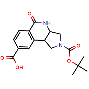 Chemical structure of 2-[(tert-butoxy)carbonyl]-5-oxo-1H,2H,3H,3aH,4H,5H,9bH-pyrrolo[3,4-c]isoquinoline-8-carboxylic acid , CAS 2177264-63-8, AChemBlock AD247686
