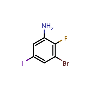 Chemical structure of 3-bromo-2-fluoro-5-iodoaniline , CAS 2091656-88-9, AChemBlock AD247734
