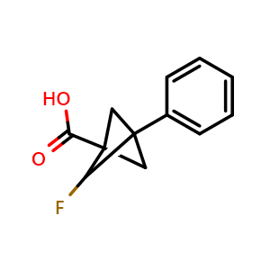 Chemical structure of 2-fluoro-3-phenyl-bicyclo[1.1.1]pentane-1-carboxylic acid , CAS 2648962-09-6, AChemBlock AD247740