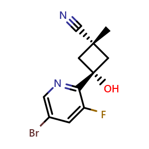 Chemical structure of trans-3-(5-Bromo-3-fluoro-2-pyridyl)-3-hydroxy-1-methylcyclobutanecarbonitrile , AChemBlock AD247742