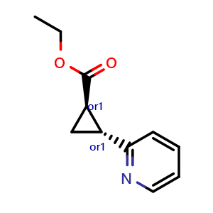 Chemical structure of ethyl trans-2-(2-pyridyl)cyclopropanecarboxylate , CAS 58620-63-6, AChemBlock AD247764