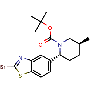 Chemical structure of tert-butyl (2R,5S)-2-(2-bromo-1,3-benzothiazol-5-yl)-5-methyl-piperidine-1-carboxylate , CAS 2760268-04-8, AChemBlock AD247779