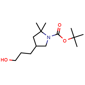 Chemical structure of tert-butyl 4-(3-hydroxypropyl)-2,2-dimethyl-pyrrolidine-1-carboxylate , CAS 2374126-96-0, AChemBlock AD247782