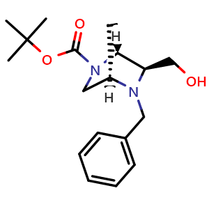 Chemical structure of tert-butyl (1R,4R,6S)-5-benzyl-6-(hydroxymethyl)-2,5-diazabicyclo[2.2.1]heptane-2-carboxylate , CAS 2773311-60-5, AChemBlock AD247783