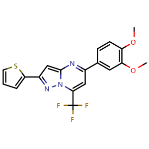 Chemical structure of 5-(3,4-Dimethoxyphenyl)-2-(thiophen-2-yl)-7-(trifluoromethyl)pyrazolo[1,5-a]pyrimidine , CAS 883003-62-1, AChemBlock AD247817