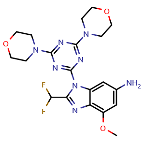 Chemical structure of 1H-Benzimidazol-6-amine, 2-(difluoromethyl)-1-(4,6-di-4-morpholinyl-1,3,5-triazin-2-yl)-4-methoxy , CAS 1336890-05-1, AChemBlock AD247870