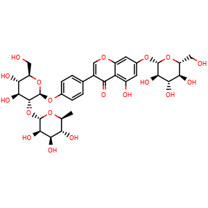 Chemical structure of 3-[4-[[2-O-(6-Deoxy-α-L-mannopyranosyl)-β-D-glucopyranosyl]oxy]phenyl]-7-(β-D-glucopyranosyloxy)-5-hydroxy-4H-1-benzopyran-4-one , CAS 361447-29-2, AChemBlock AD247901