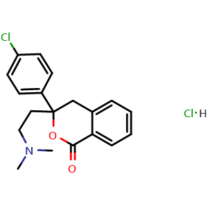 Chemical structure of 3-(4-chlorophenyl)-3-(2-(dimethylamino)ethyl)isochroman-1-one hydrochloride , CAS 477313-09-0, AChemBlock AD247995