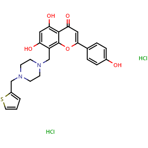 Chemical structure of 5,7-dihydroxy-2-(4-hydroxyphenyl)-8-((4-(thiophen-2-ylmethyl)piperazin-1-yl)methyl)-4H-chromen-4-one dihydrochloride , CAS 2823308-89-8, AChemBlock AD248058