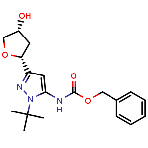Chemical structure of benzyl N-[2-tert-butyl-5-[(2R,4R)-4-hydroxytetrahydrofuran-2-yl]pyrazol-3-yl]carbamate , CAS 2821785-82-2, AChemBlock AD248059