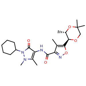 Chemical structure of N-(2-Cyclohexyl-2,3-dihydro-1,5-dimethyl-3-oxo-1H-pyrazol-4-yl)-4-methyl-5-[(2R,3S)-3,5,5-trimethyl-1,4-dioxan-2-yl]-3-isoxazolecarboxamide , CAS 1825371-51-4, AChemBlock AD248318