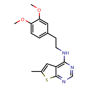 Chemical structure of N-[2-(3,4-Dimethoxyphenyl)ethyl]-6-methylthieno[2,3-d]pyrimidin-4-amine , CAS 452087-38-6, AChemBlock AD248520