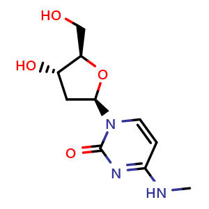 Chemical structure of 1-((2R,4S,5R)-4-Hydroxy-5-(hydroxymethyl)tetrahydrofuran-2-yl)-4-(methylamino)pyrimidin-2(1H)-one , CAS 22882-02-6, AChemBlock AD248638