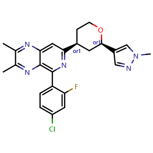 Chemical structure of Rel-5-(4-Chloro-2-fluorophenyl)-2,3-dimethyl-7-[(2R,4S)-tetrahydro-2-(1-methyl-1H-pyrazol-4-yl)-2H-pyran-4-yl]pyrido[3,4-b]pyrazine , CAS 2738485-99-7, AChemBlock AD248647