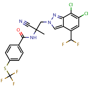 Chemical structure of N-(2-cyano-1-(6,7-dichloro-4-(difluoromethyl)-2H-indazol-2-yl)propan-2-yl)-4-((trifluoromethyl)thio)benzamide , AChemBlock AD248703
