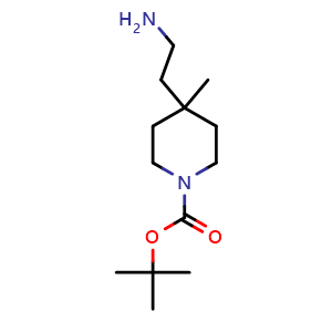 Chemical structure of tert-butyl 4-(2-aminoethyl)-4-methylpiperidine-1-carboxylate , CAS 946517-83-5, AChemBlock AD248789
