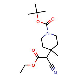 Chemical structure of tert-butyl 4-((ethoxycarbonyl)(cyano)methyl)-4-methylpiperidine-1-carboxylate , CAS 872850-29-8, AChemBlock AD248790